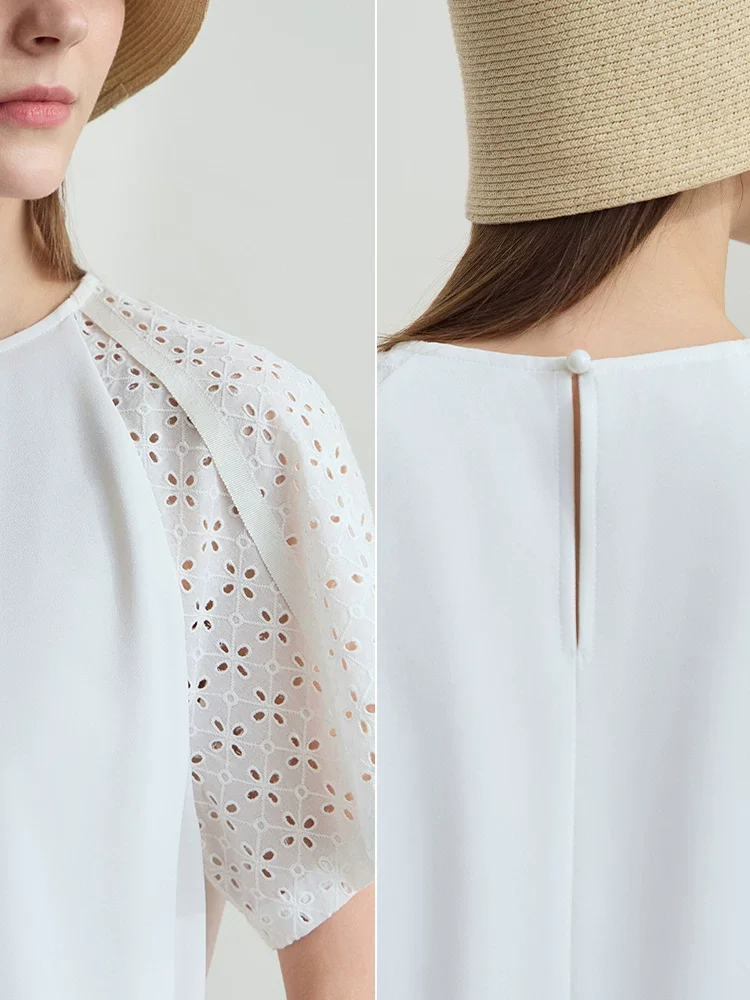 Amii 透かし刺繍 異素材切替 シフォンブラウス