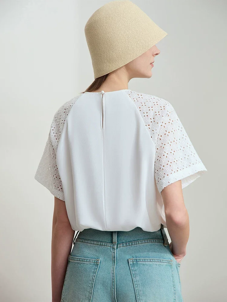 Amii 透かし刺繍 異素材切替 シフォンブラウス
