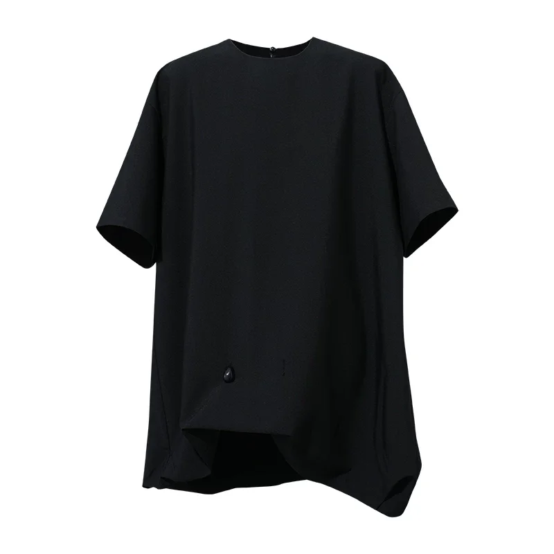 Amii バルーン裾 玉石風ボタン 半袖Tシャツ