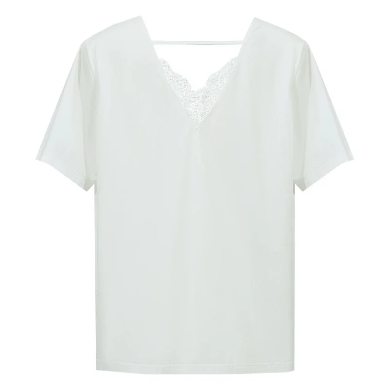 Amii シルケットコットン レース Vネック Tシャツ