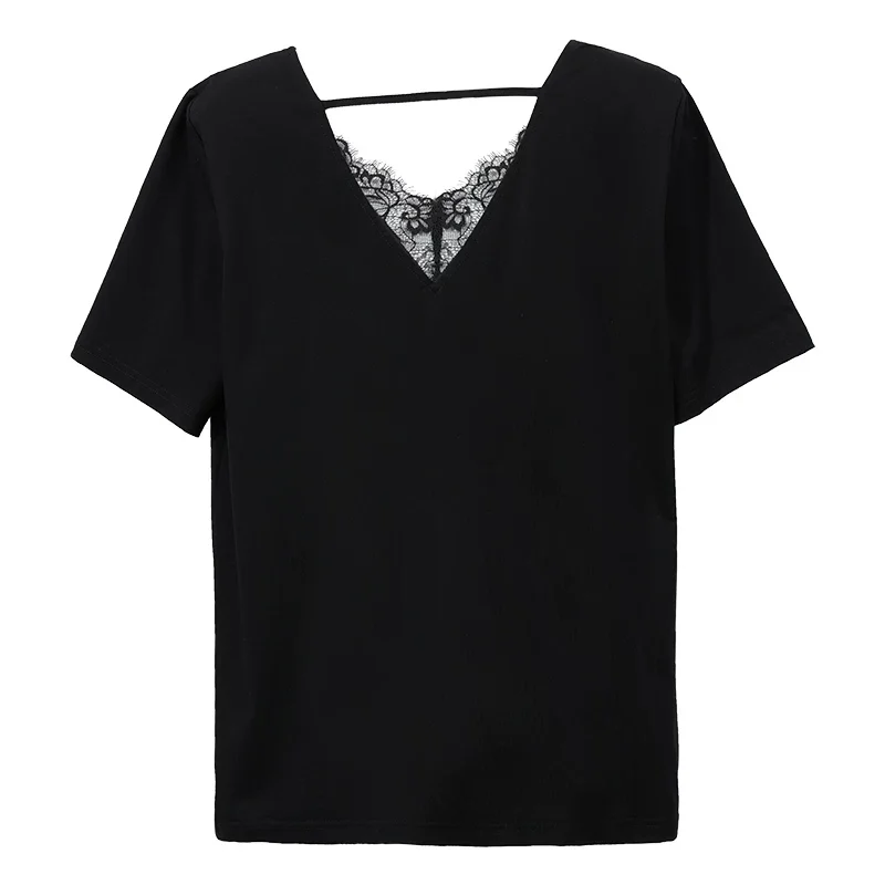Amii シルケットコットン レース Vネック Tシャツ