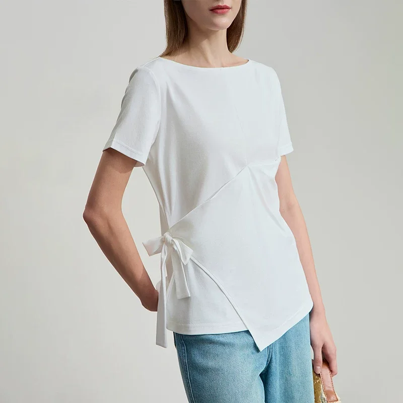 Amii コットン ボートネック リボン 半袖Tシャツ