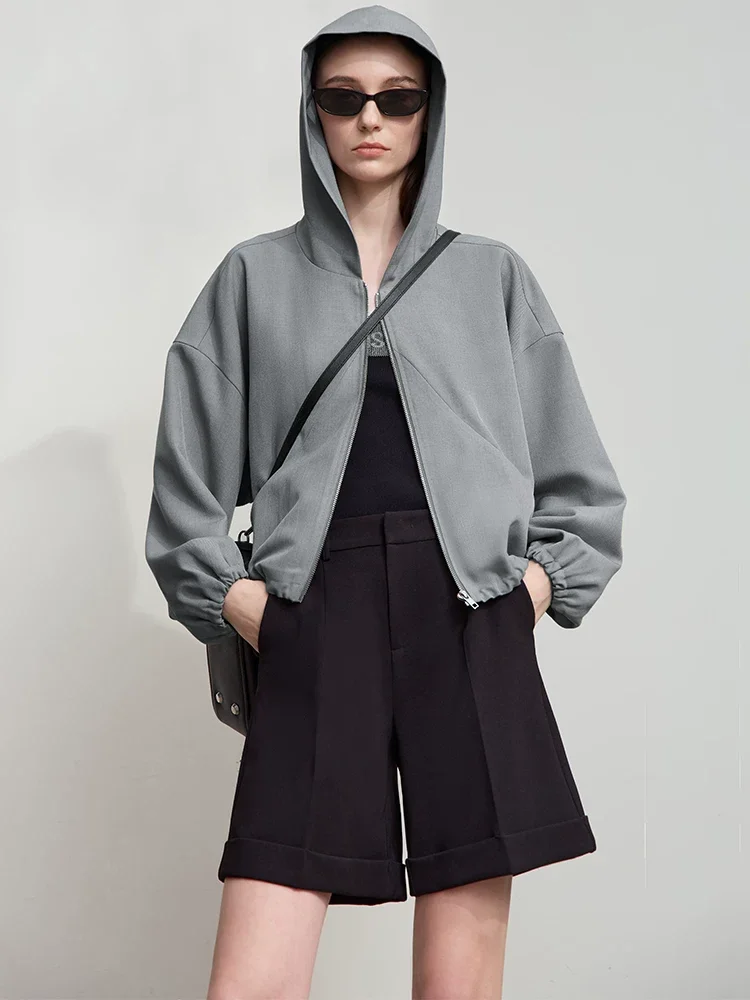 Amii フード付き ジップ ショートジャケット