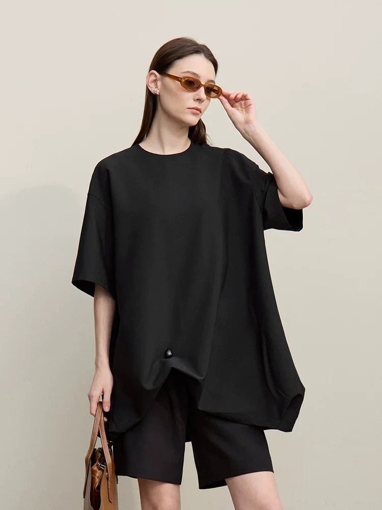 Amii バルーン裾 玉石風ボタン 半袖Tシャツ