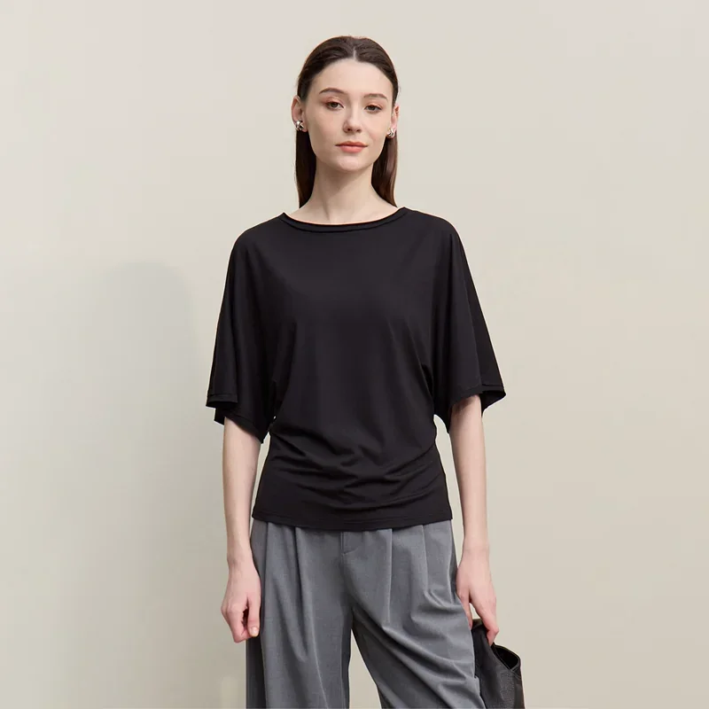 Amii モダール ストレッチ ボートネック 連袖 Tシャツ