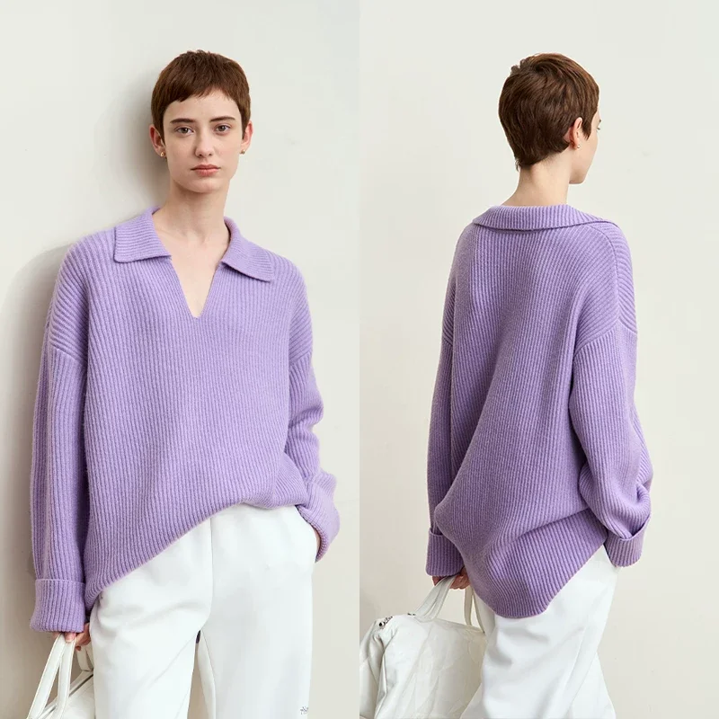Amii 折り返し襟 Vネック ドロップショルダーニット
