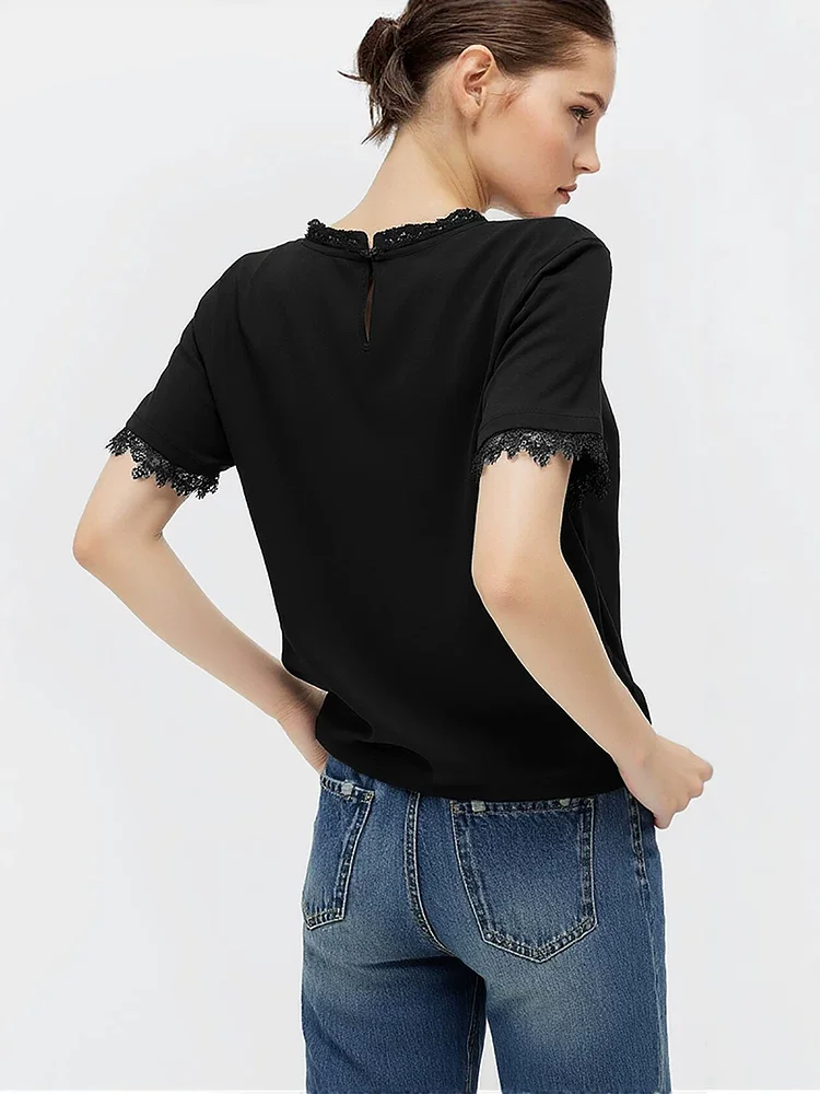 Amii 織りテープ レース切替 半袖Tシャツ