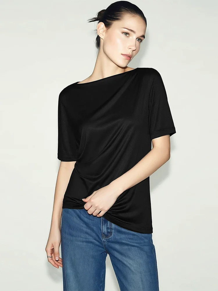 Amii アセテート ドレープネック 五分袖Tシャツ
