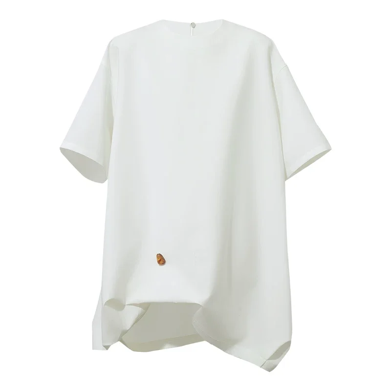 Amii バルーン裾 玉石風ボタン 半袖Tシャツ