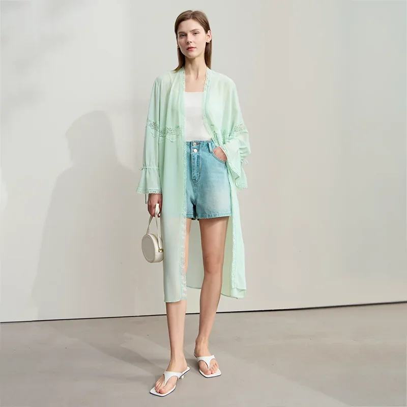Amii 調節リボン レース切替 ロングシフォンブラウス