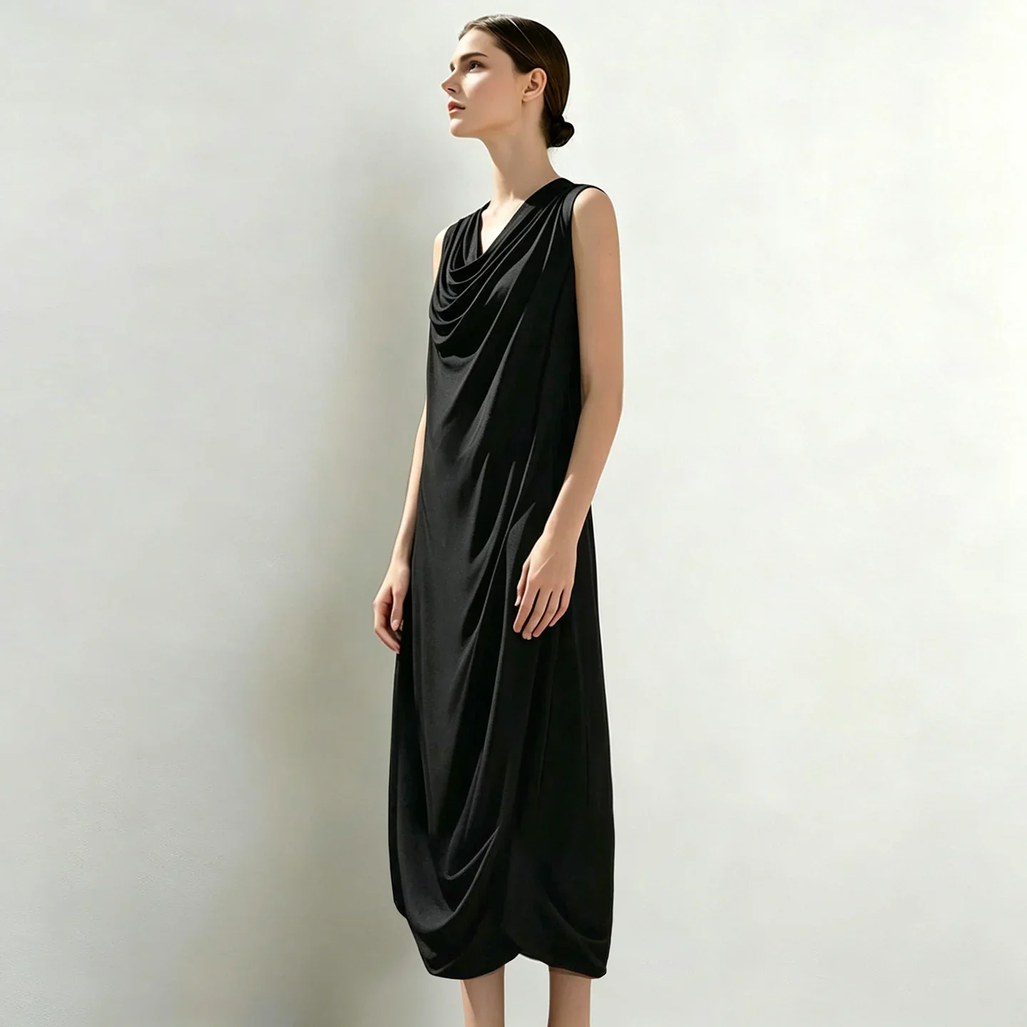 Amii ドレープネック スリット シフォンロングワンピース