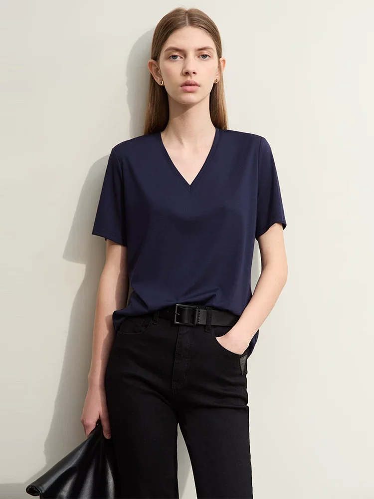 Amii 接触冷感 Vネック 半袖ストレッチTシャツ