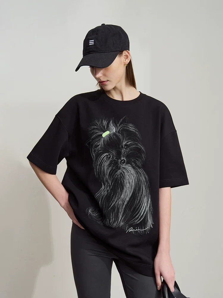 Amii エアリー プリント ドロップショルダー Tシャツ
