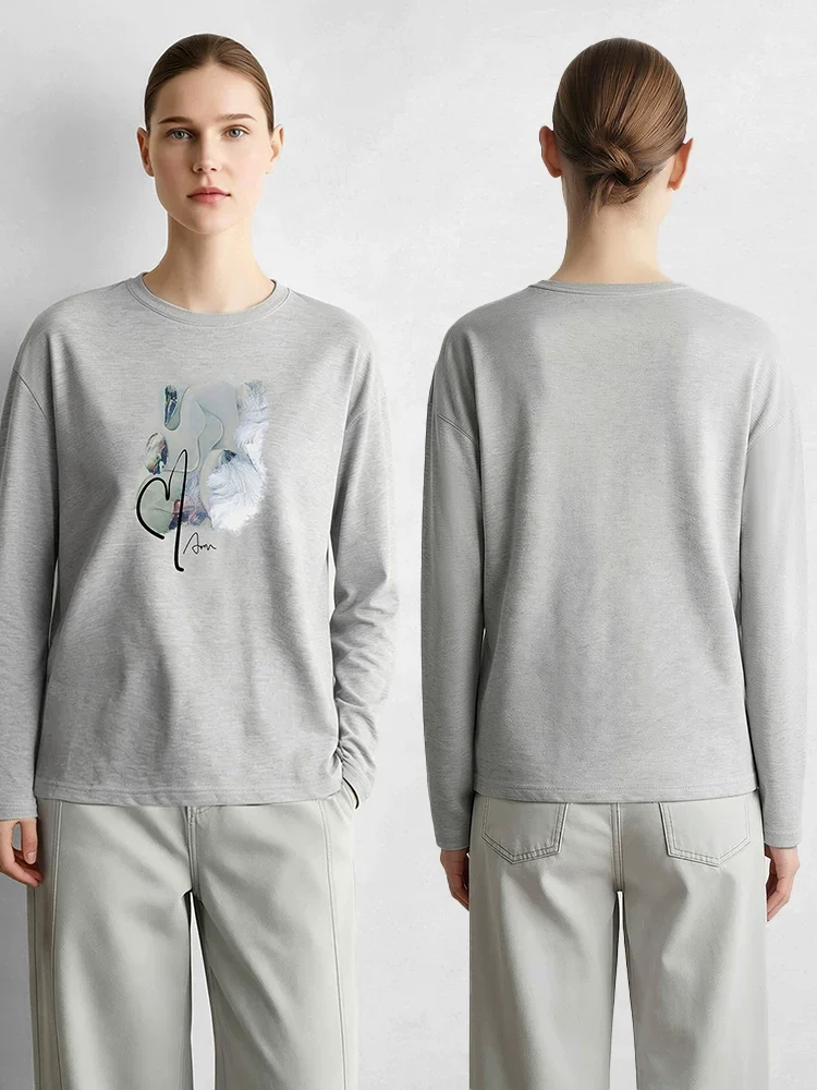 Amii 抽象プリント 刺繍 ルーズ 長袖Tシャツ