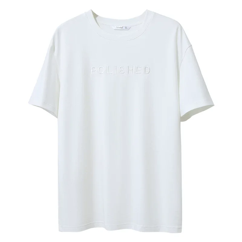 Amii コットン レター刺繍 半袖Tシャツ