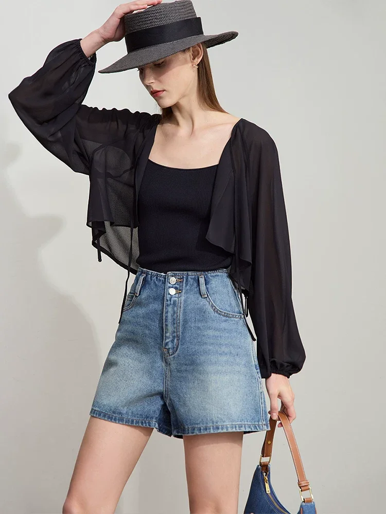 Amii Vネック リボン ショート シフォンブラウス