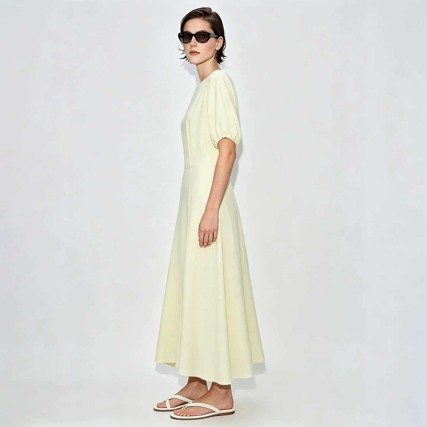 Amii ビッグカラー 玉石風ボタン 半袖 ロングワンピース