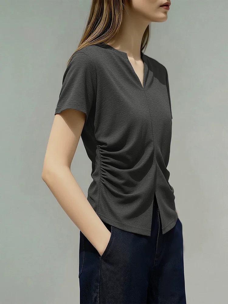 Amii ポンチニット シザーVネック 半袖Tシャツ
