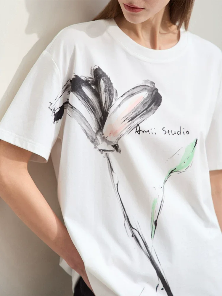 Amii 水墨プリント コットン 半袖Tシャツ