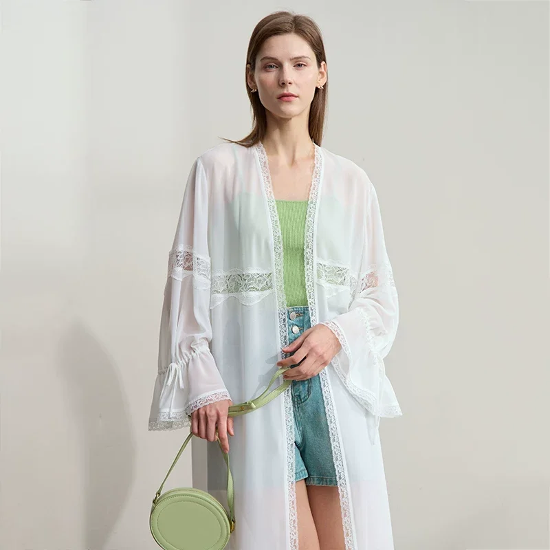Amii 調節リボン レース切替 ロングシフォンブラウス