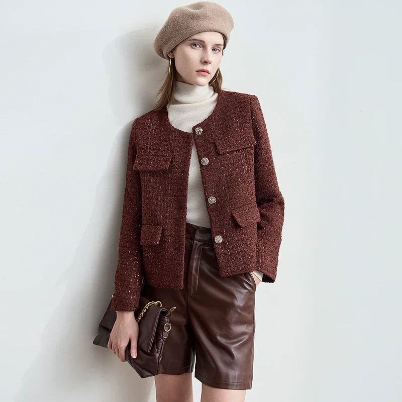 Amii ウール混 ツイード クルーネック ジャケット