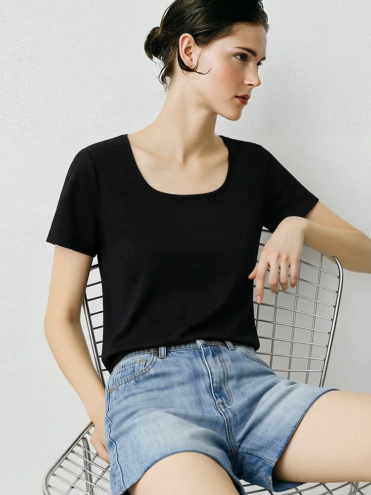 Amii ストレッチコットン スクエアネック 半袖Tシャツ