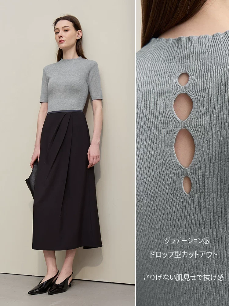 Amii ハイネック 透かし編み 半袖 ニット