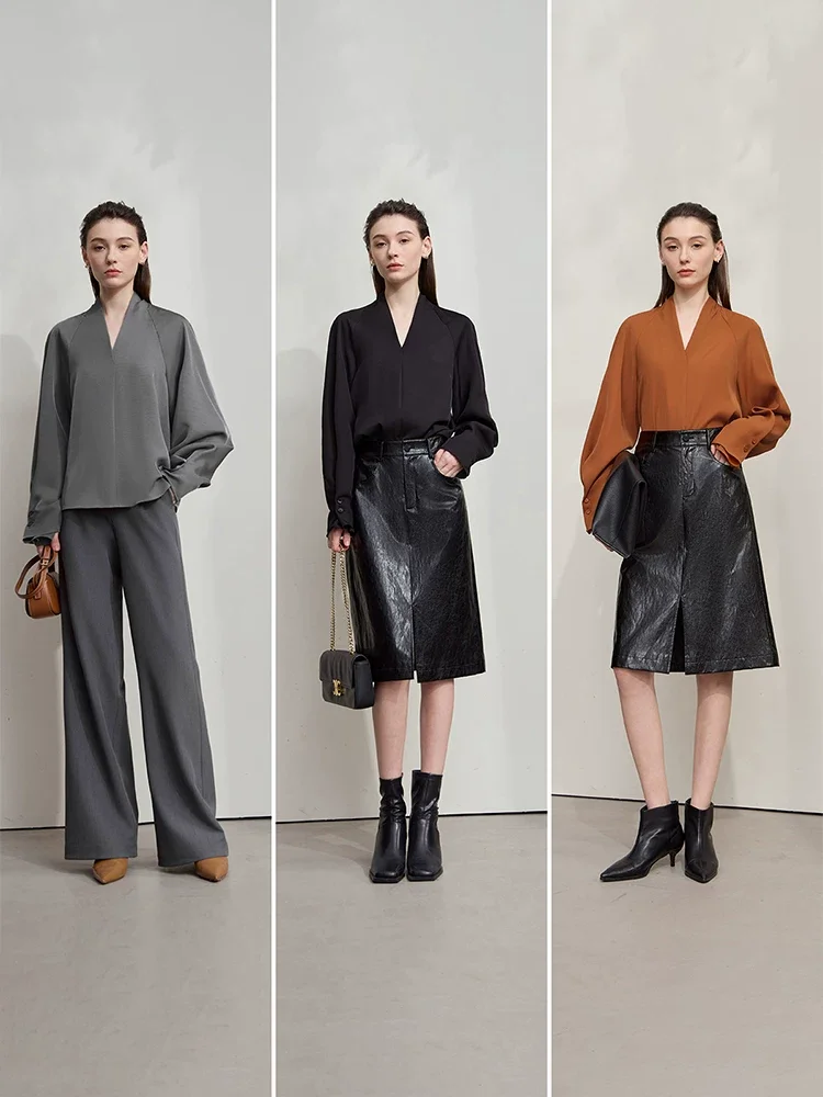 Amii Vネック ラグラン タック シフォンブラウス