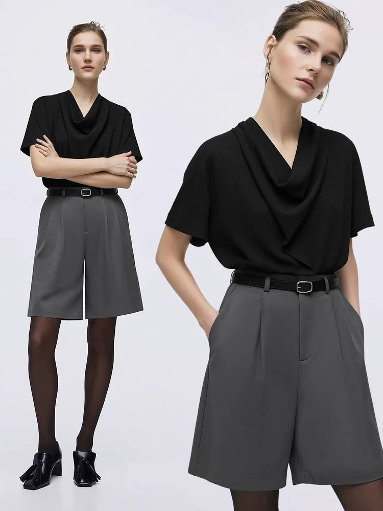 Amii ドレープネック 半袖 シフォンブラウス