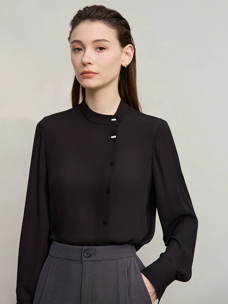 Amii スタンドカラー メタルボタン シフォンブラウス