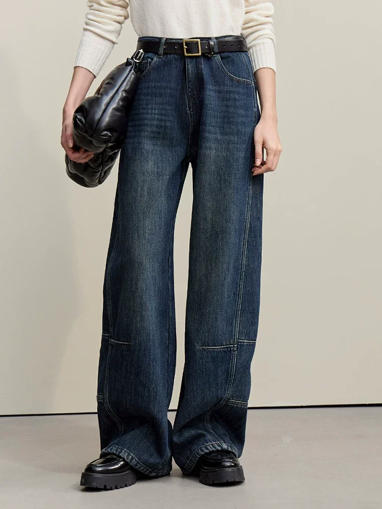Amii 裏起毛 厚手ストレートデニムパンツ