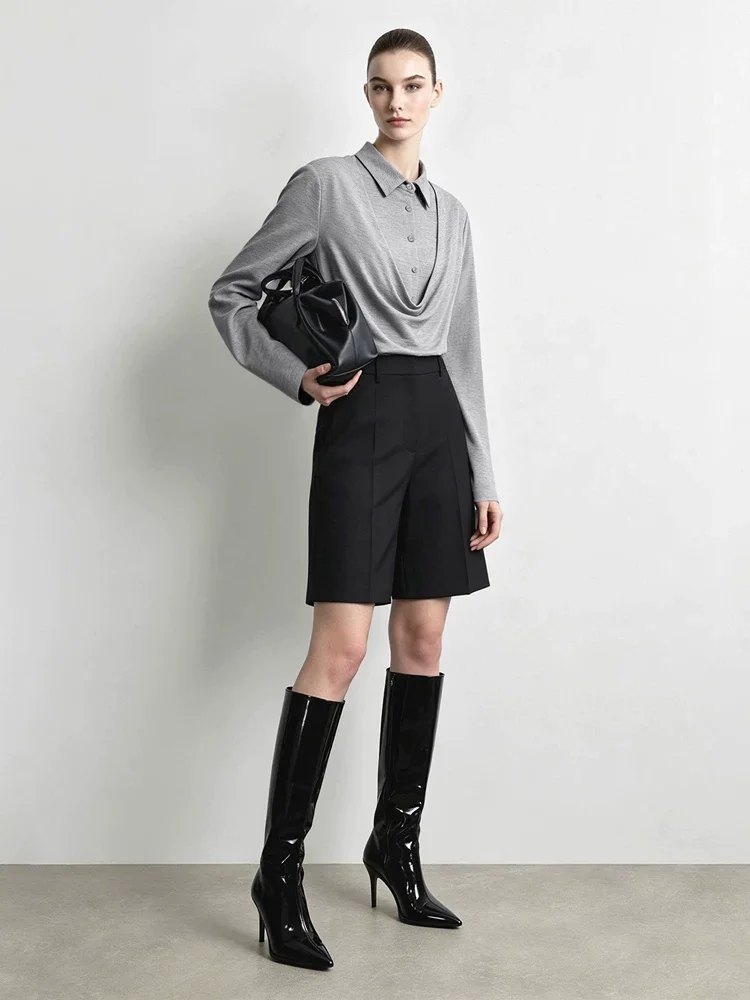 Amii モダール レイヤード風 折り返し襟 長袖Tシャツ