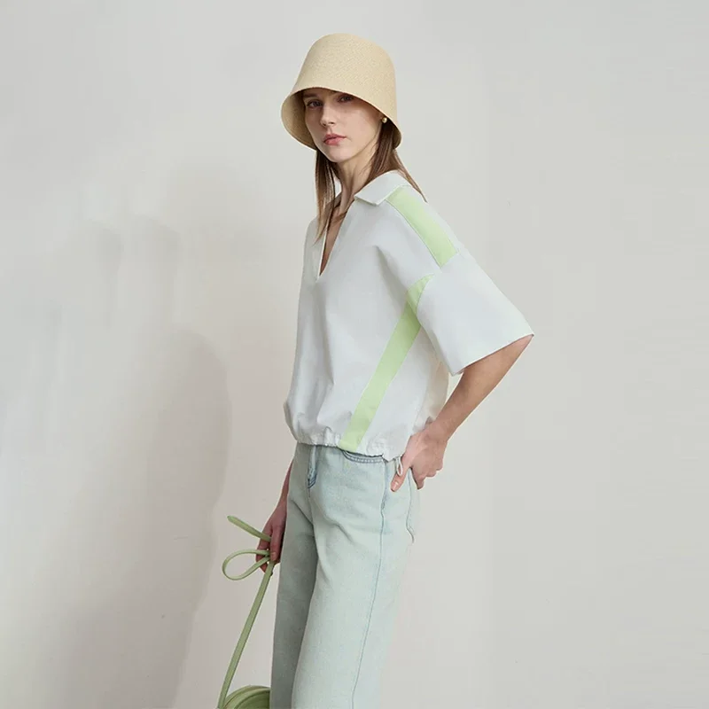 Amii 接触冷感 抗菌 衿付きVネック ショートTシャツ