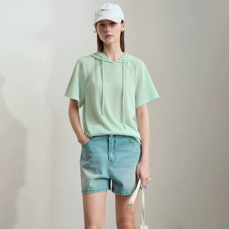 Amii メッシュ切り替え フード 半袖Tシャツ