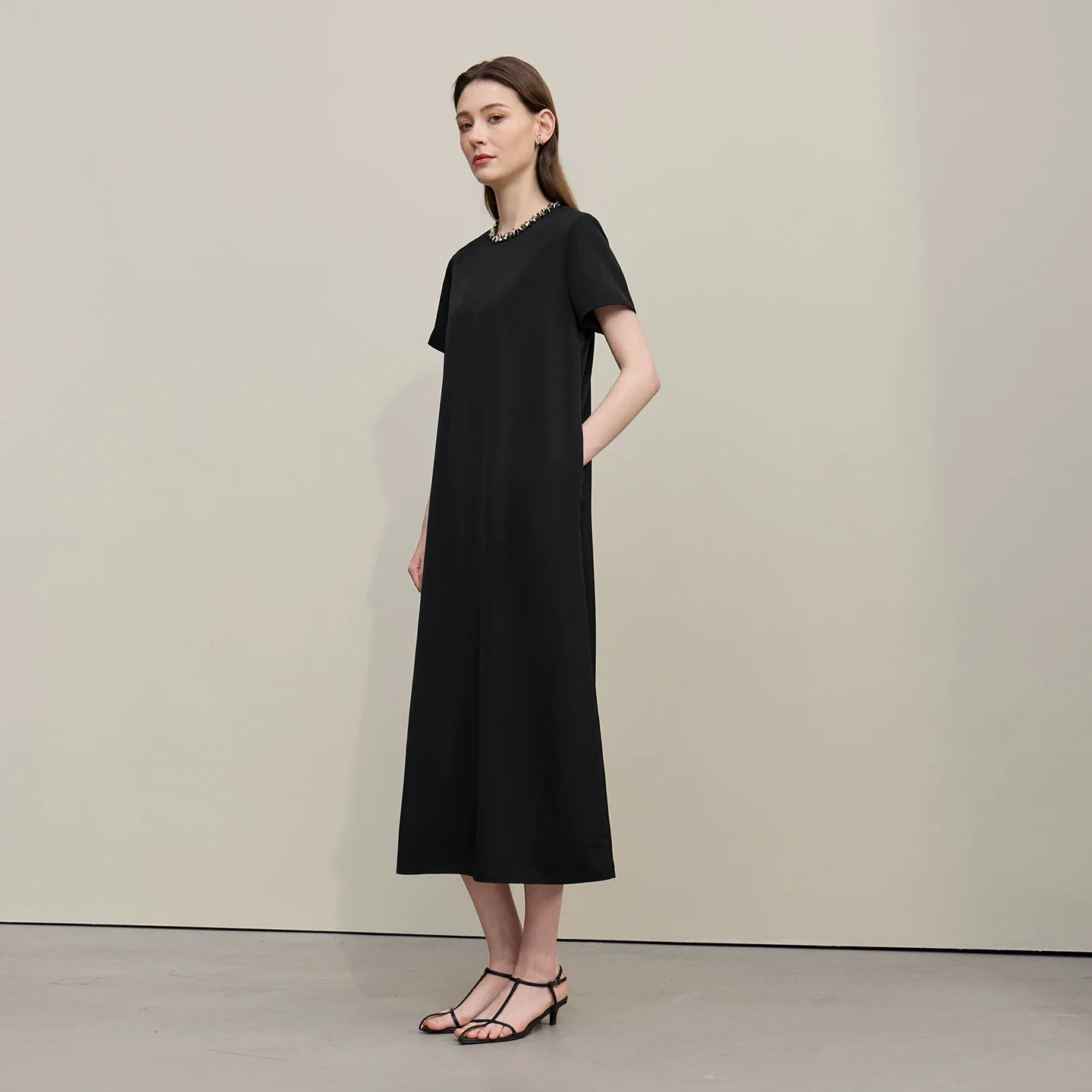 Amii リネン 半袖 Aライン ロングワンピース