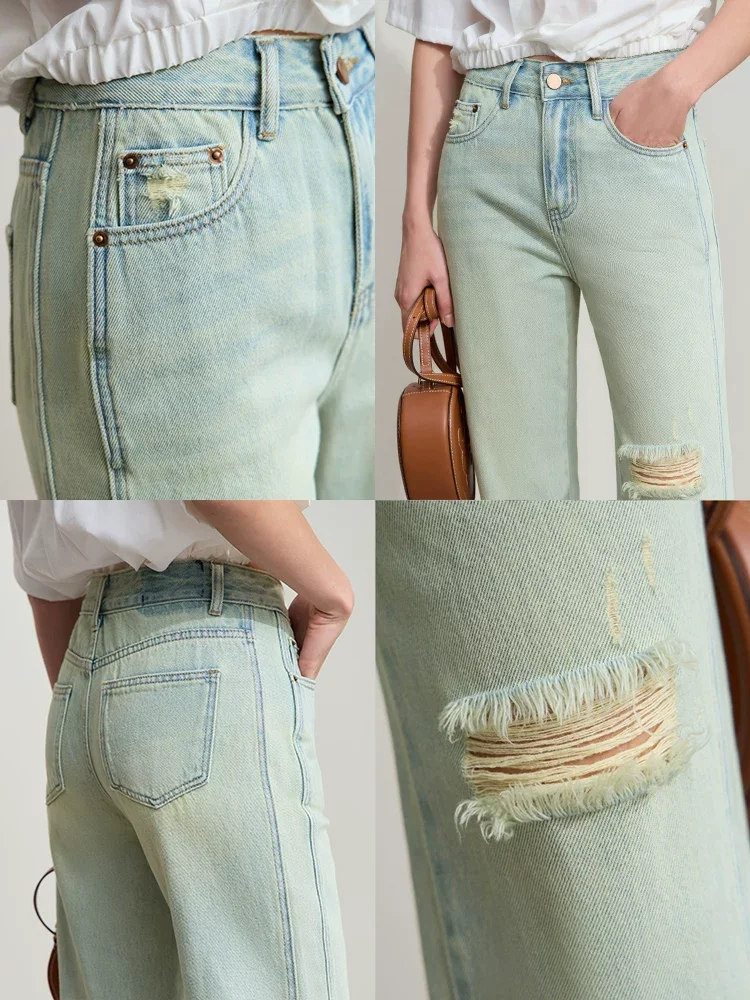 Amii コットン ダメージ テーパード クロップドパンツ