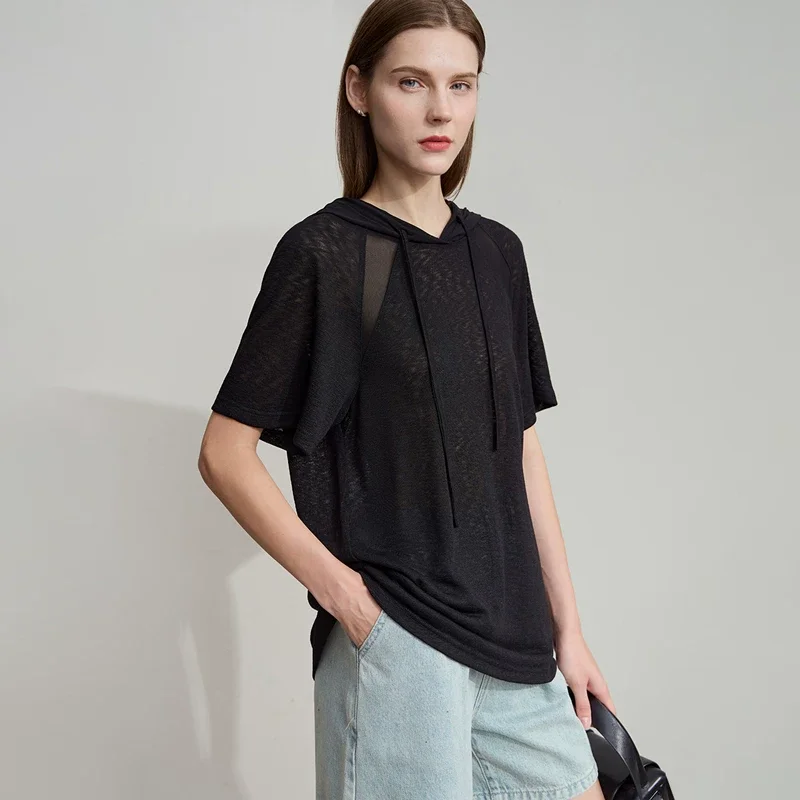 Amii メッシュ切り替え フード 半袖Tシャツ