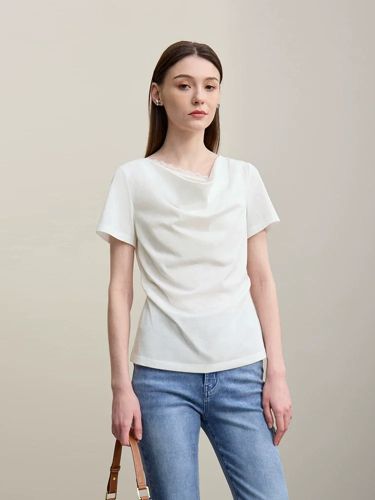 Amii まつげレース切替 ドレープネック 半袖Tシャツ