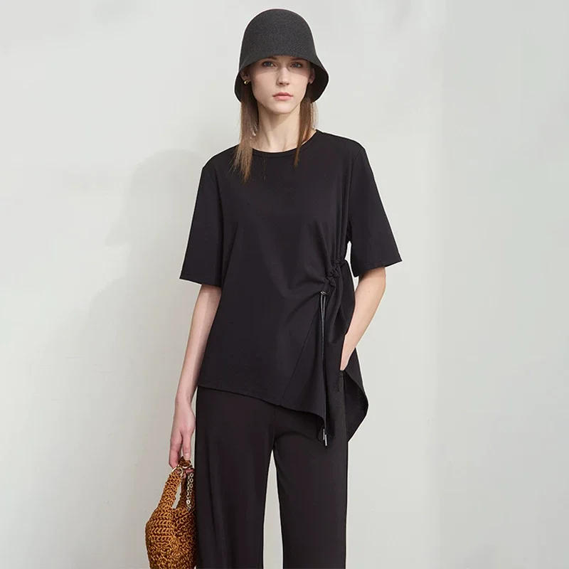 Amii シルク混 ポンチ アシンメトリー 半袖Tシャツ