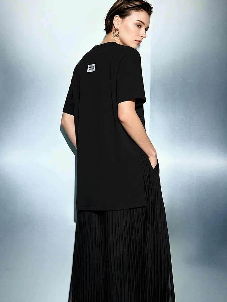 Amii レースラベル サイドスリット コットンTシャツ
