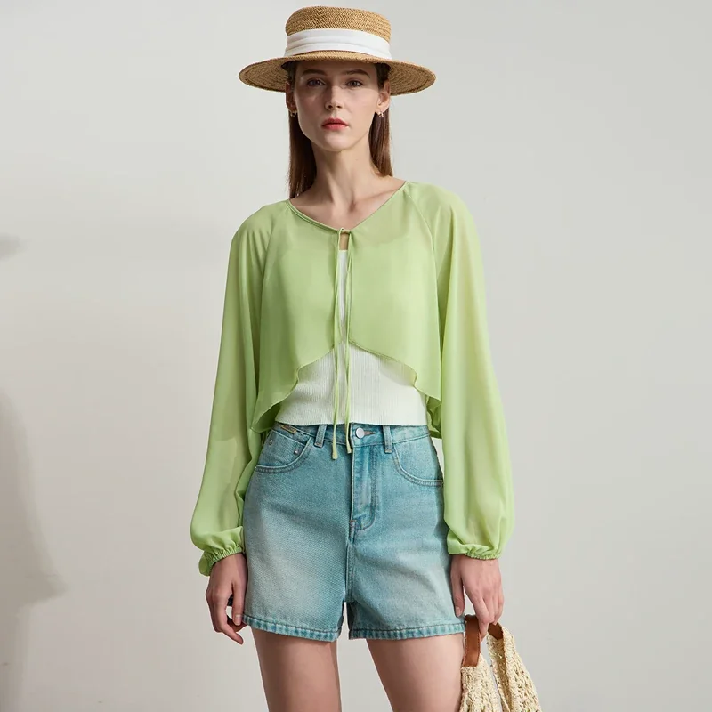 Amii Vネック リボン ショート シフォンブラウス