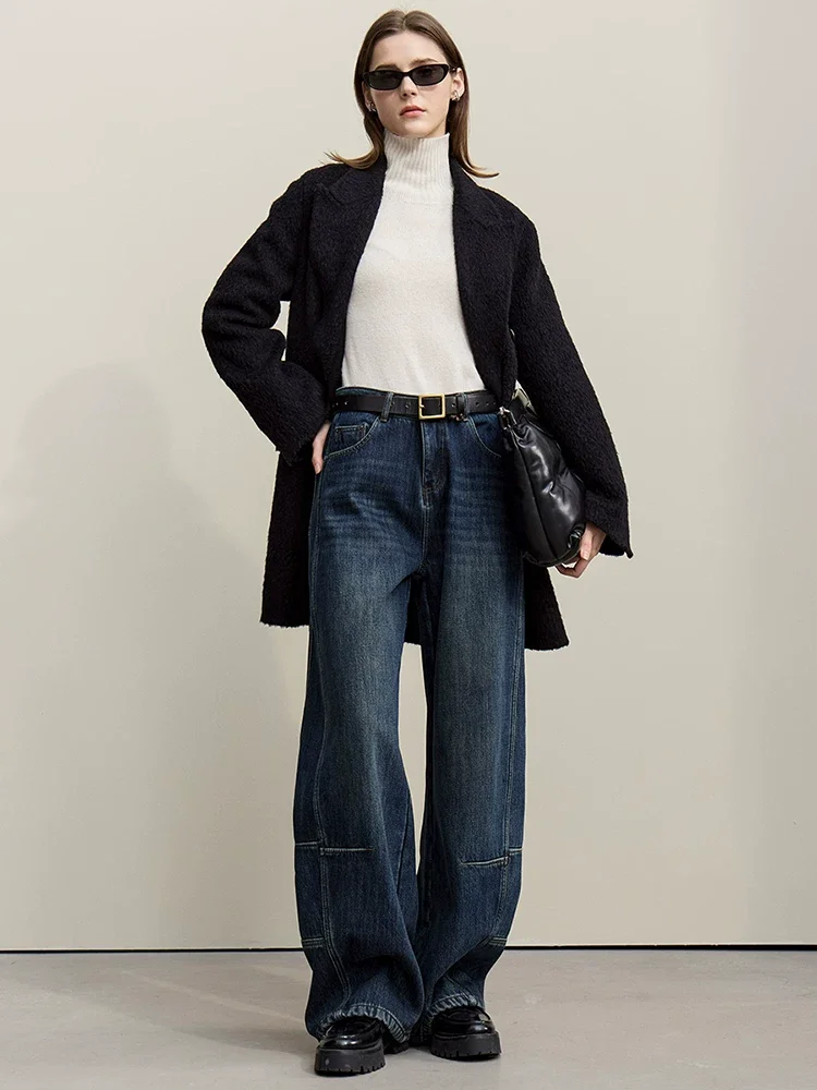 Amii 裏起毛 厚手ストレートデニムパンツ