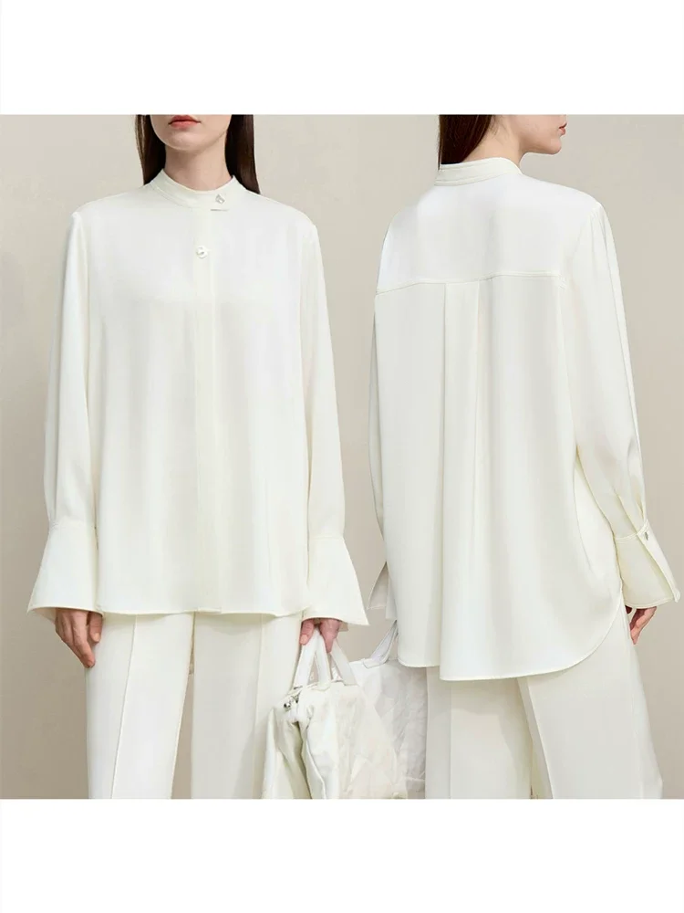 Amii マットサテン 変形ボタン シフォンブラウス