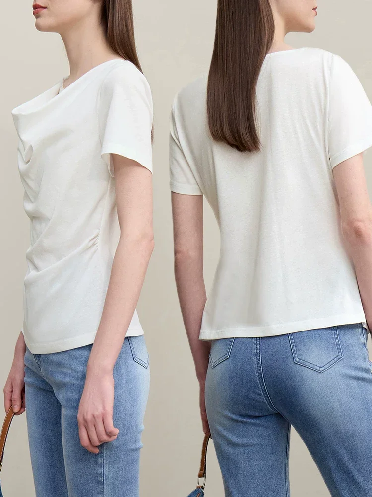Amii まつげレース切替 ドレープネック 半袖Tシャツ