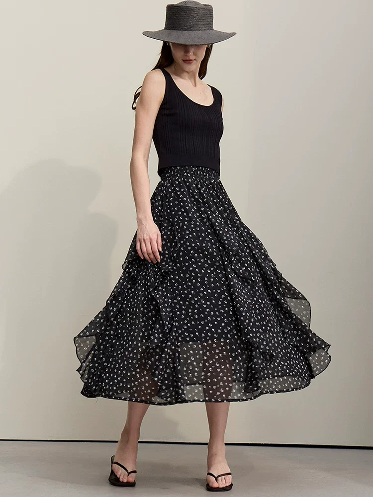 Amii シフォン レイヤード Aライン ロングスカート