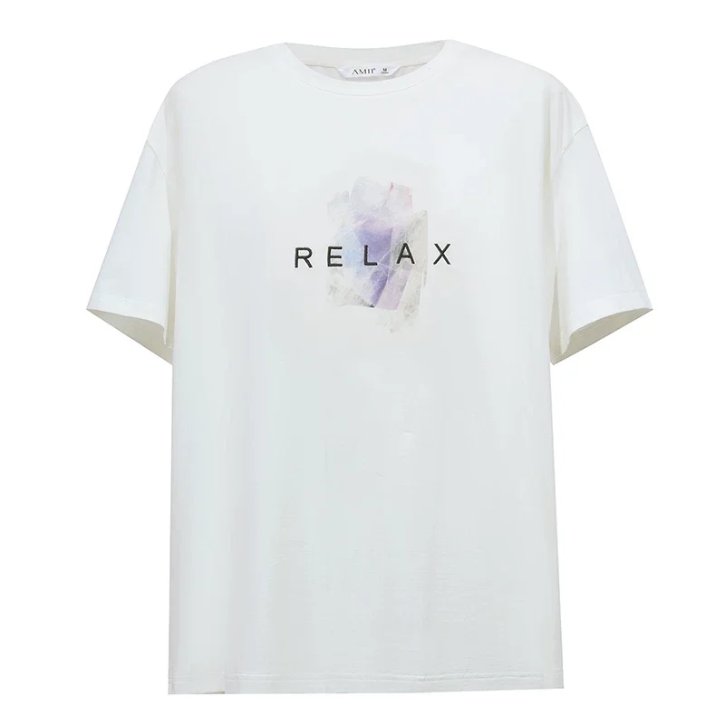 Amii コットン 刺繍 抽象プリント 接触冷感Tシャツ
