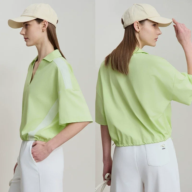 Amii 接触冷感 抗菌 衿付きVネック ショートTシャツ