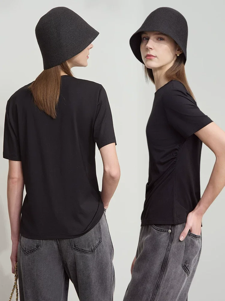 Amii モダールコットン ギャザー 半袖Tシャツ
