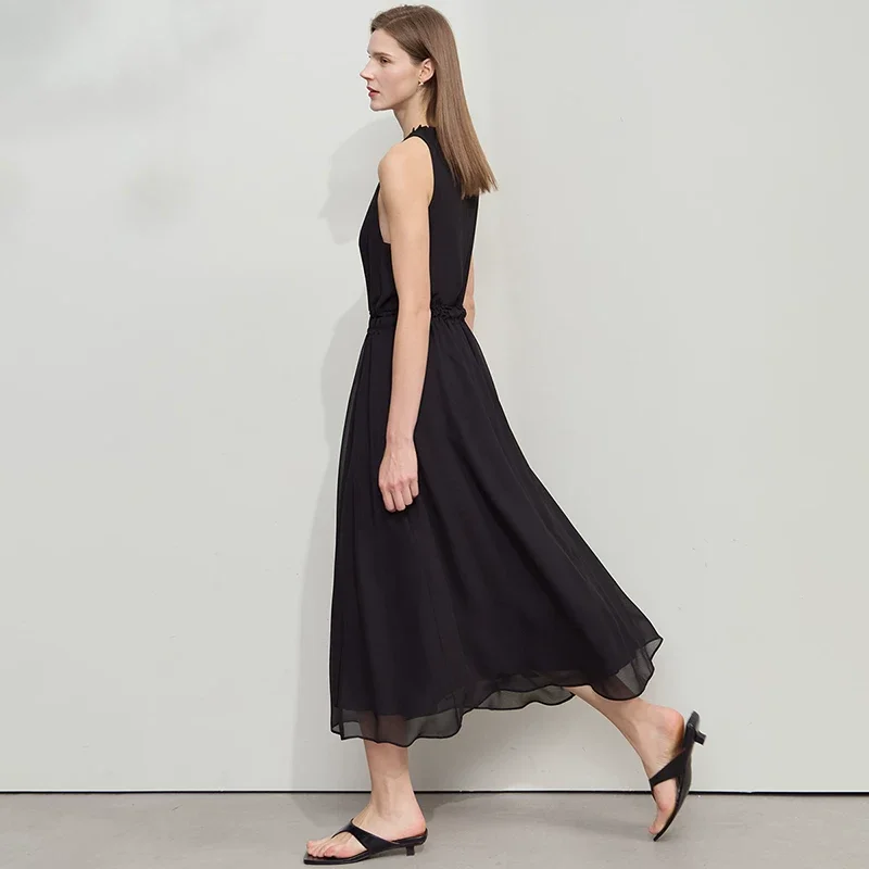 Amii シフォン フリルネック ロングワンピース