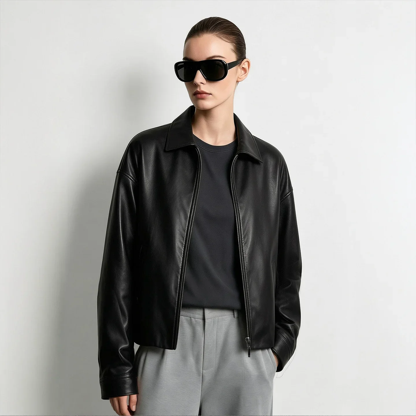 Amii エコレザー ジップ ドロップショルダー ジャケット